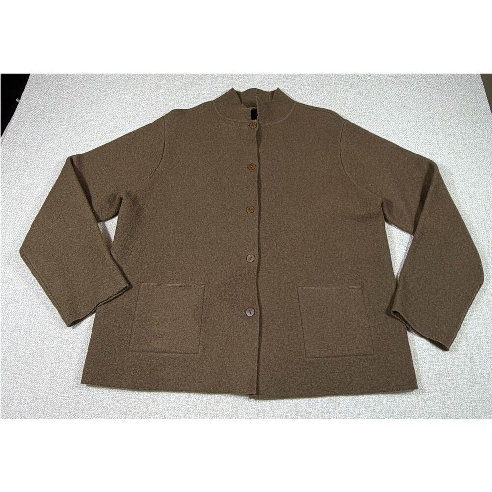 Eileen Fisher Women Medium Brown 100% Boiled Wool Button Front Dress Jacket